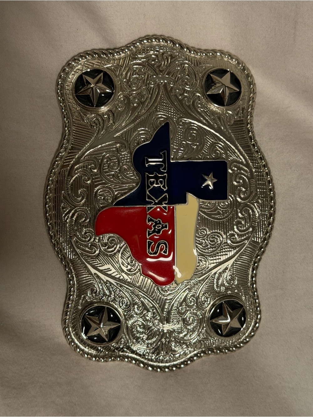 Texas Flag Belt Buckle - Silver with Red, Blue & Cream Enamel